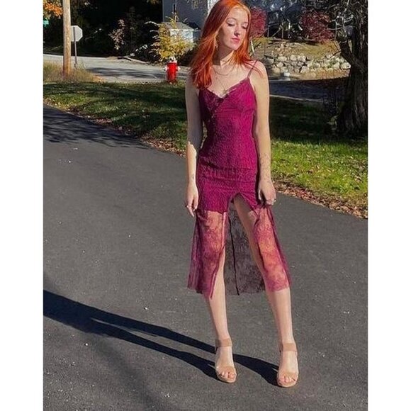 Urban Outfitters UO Real Love Lace Midi Slip Dress In Plum Maroon Medium - Picture 16 of 16